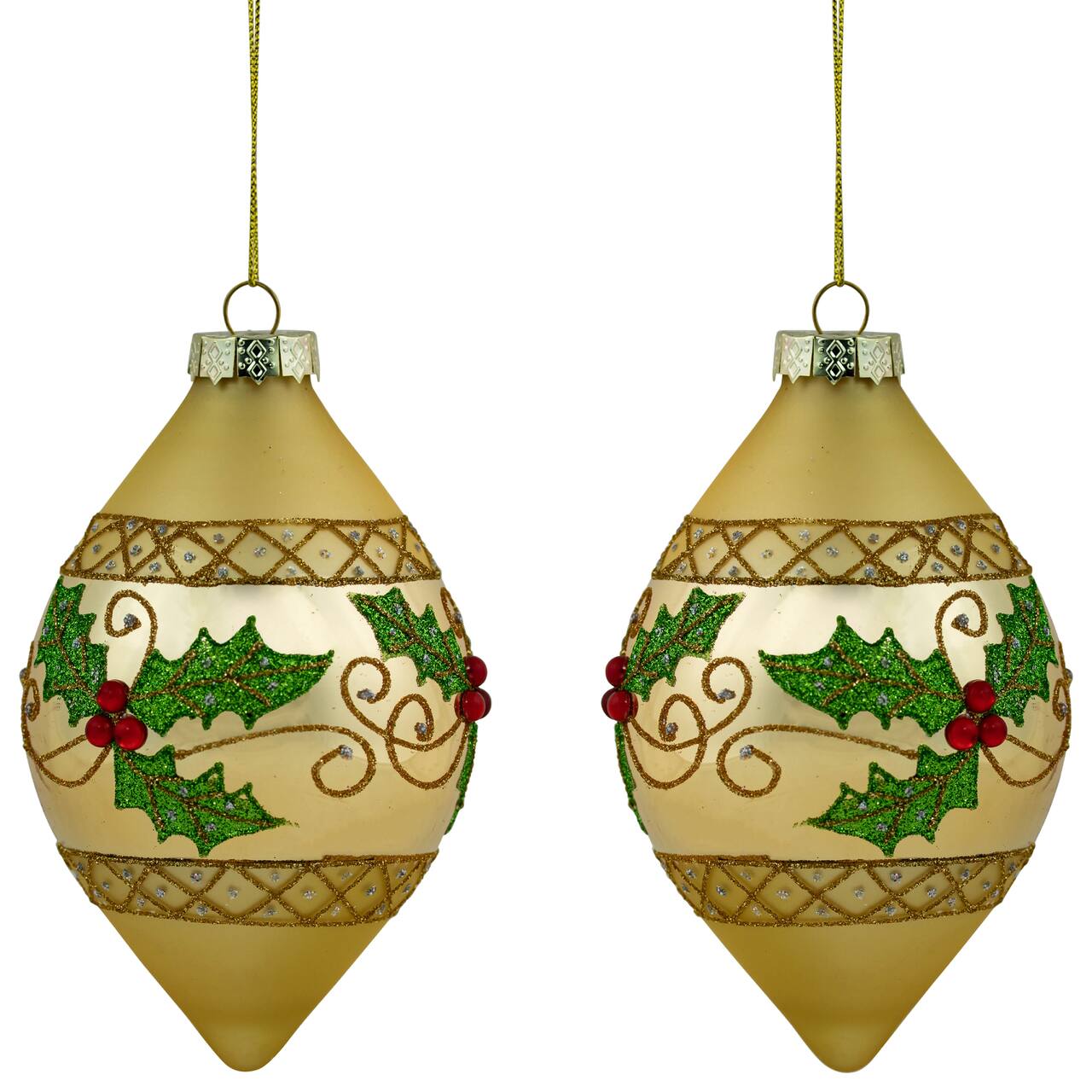 Set of 2 Golden Glitter Holly Finial Christmas Glass Ornaments 5"